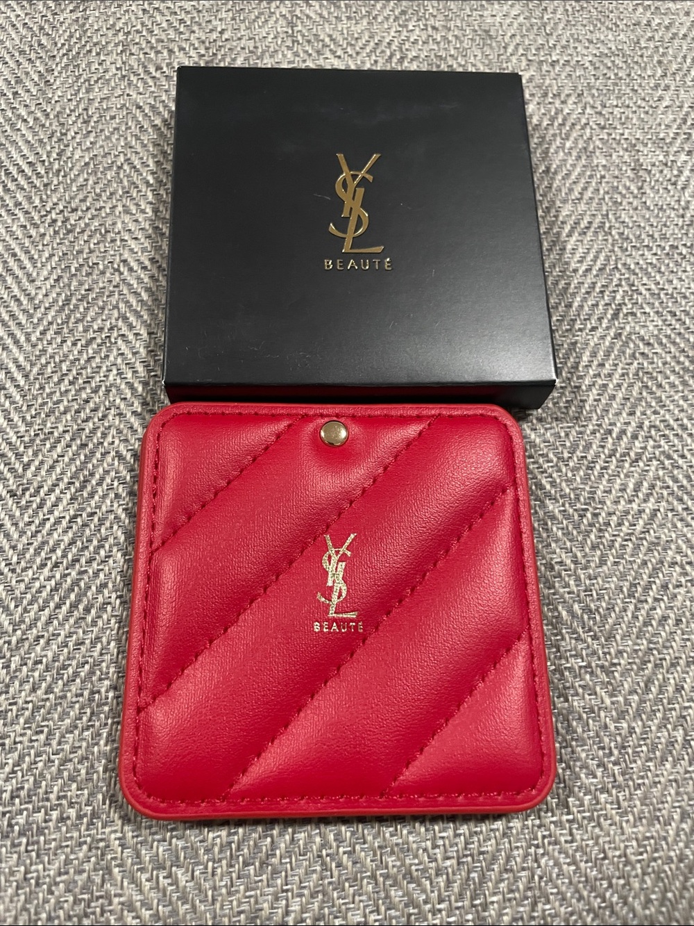 Yves Saint Laurent Red Quilted Leather Compact Mirror with Gold YSL Logo